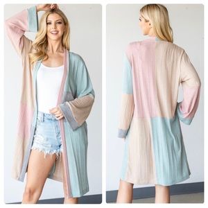 (44)New Longline Color Block Open Style Cardigan With Bell Sleeves